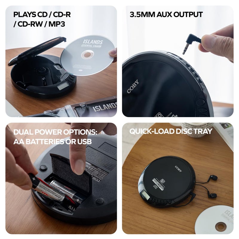 Coby Portable CD Player with FM Radio and 60-Second Anti-Skip Protection â€“ Compact Walkman-Style Disc Player with LCD Display, Stereo Earbuds & USB Power â€“ Ideal for Home, Travel & Car Use - Image 4